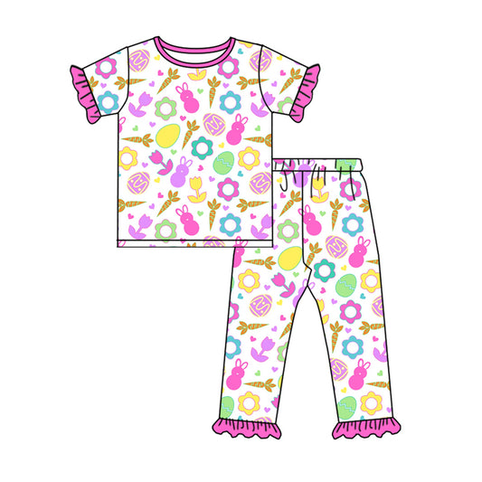 custom moq 3 Easter cute bunny rabbit hot pink flowers egg short sleeve pants girls pajamas