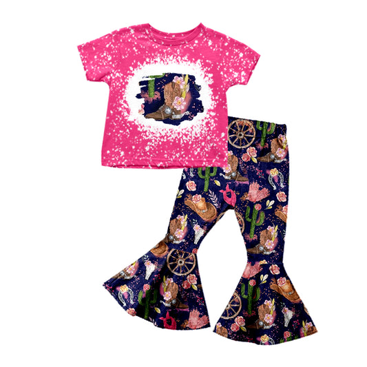 Preorder GSPO1320 Western Cactus Boot Flowers Hot Pink Navy Pants Girls Set