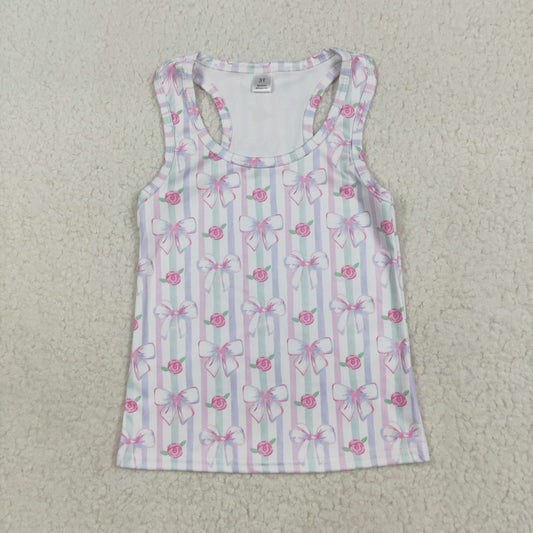 GT1014 yoga pink flowers bows striped sleeveless girls top