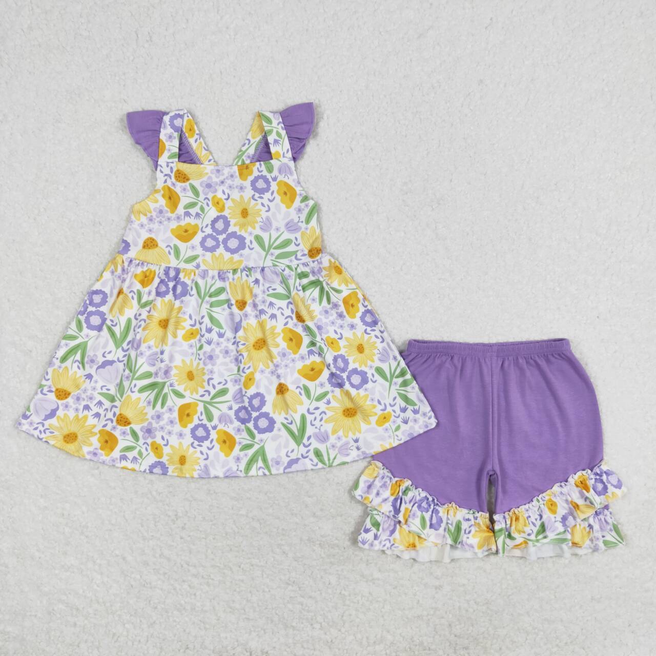 GSSO1177 yellow flowers purple floral flutter sleeve purple shorts girls set