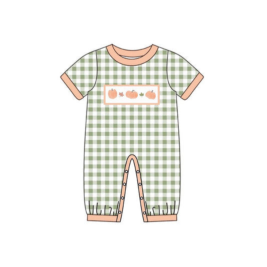 preorder SR1918 Autumn full pumpkin short sleeve green checkered boys romper