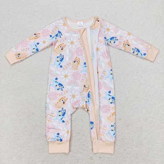 LR0976 cute blue dog flowers long sleeve zipper girls romper