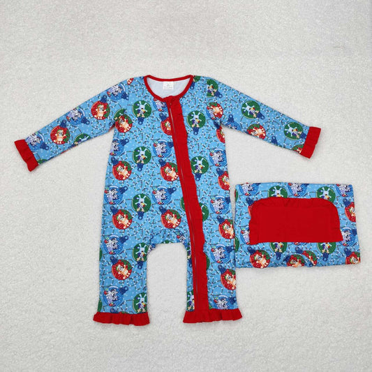 LR1314 Christmas blue dog blue long sleeve girls zipper romper