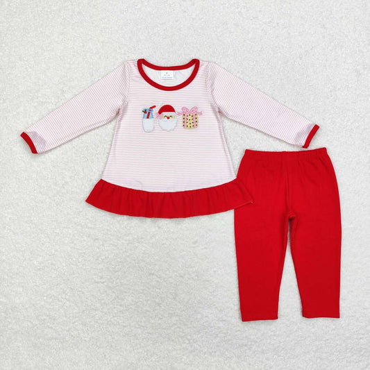 embroidery GLP1596 Christmas Santa milk pink long sleeve red pants girls set