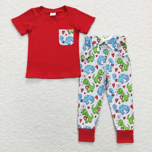 BSPO0235 Valentine's Day pocket red short sleeve dinosaur heart pants boys set