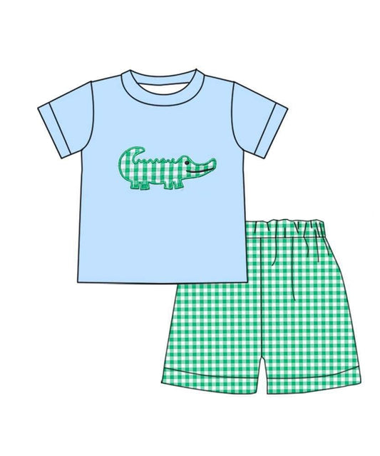 preorder crocodile blue short sleeve green checkered shorts boys set