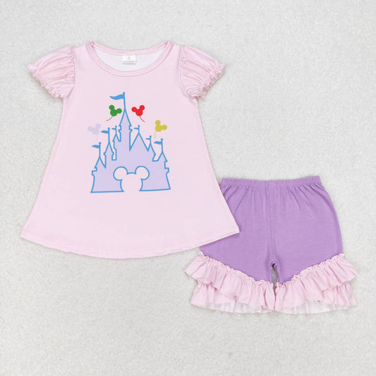 GSSO1185 cartoon castle pink short sleeve purple shorts girls set