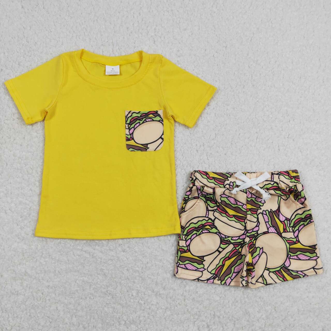 BSSO0547 Hamburger Pocket Yellow Short Sleeve Pockets Shorts Boys Set