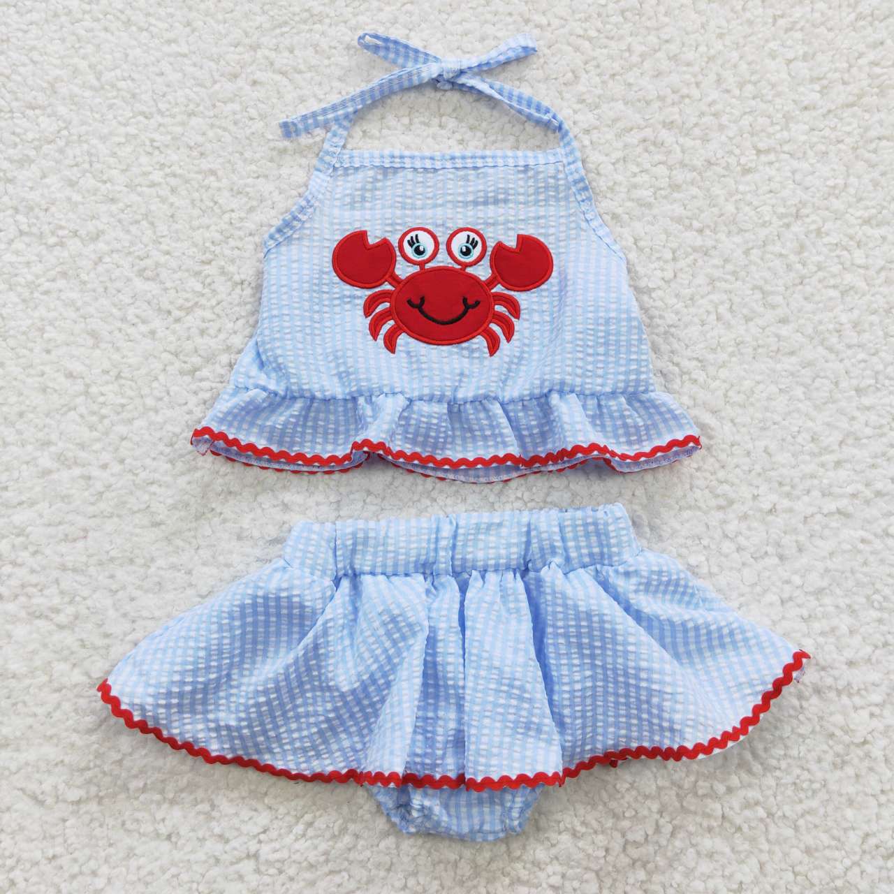 S0081 Crab Embroidery Blue Seersucker Baby Kids Set