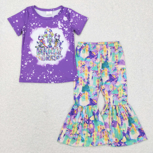 GSPO1016 Mardi gras purple short sleeve colorful pants girls set