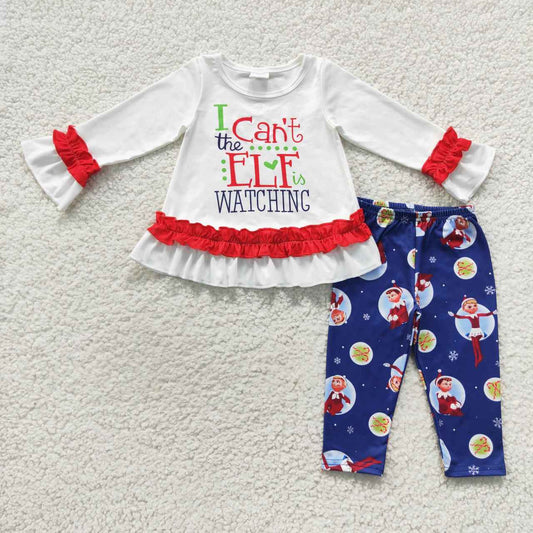 GLP0641 I CANT Christmas long sleeve blue pants girls set kids clothes