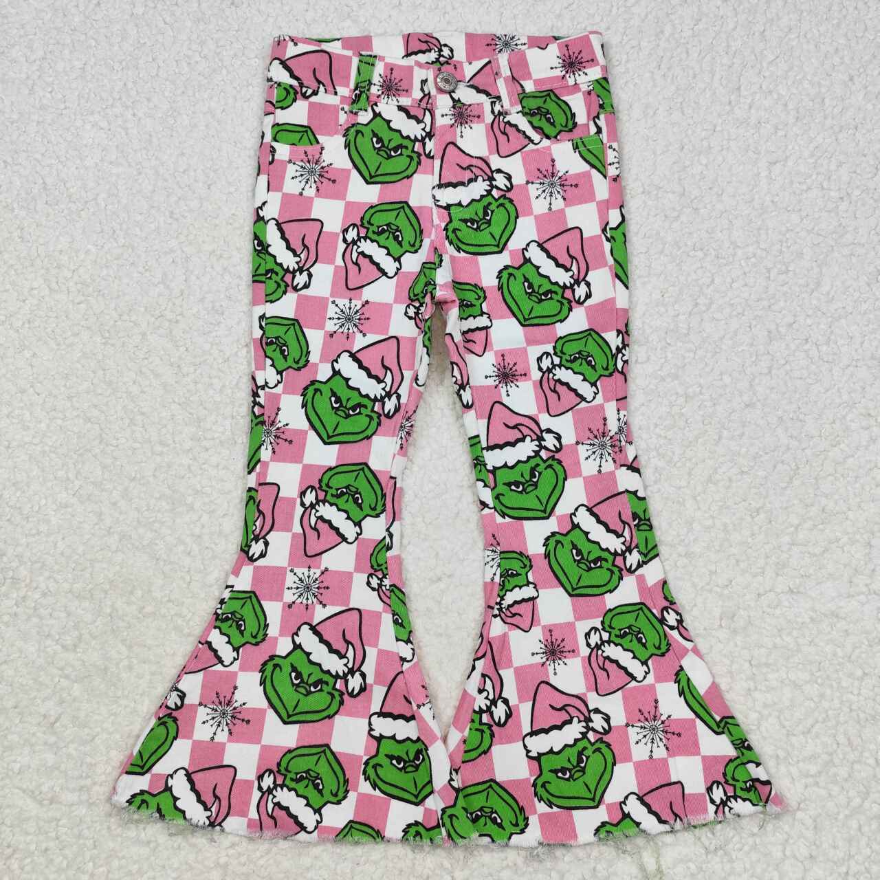 P0483 Christmas green face pink checkered denim pants girls jeans