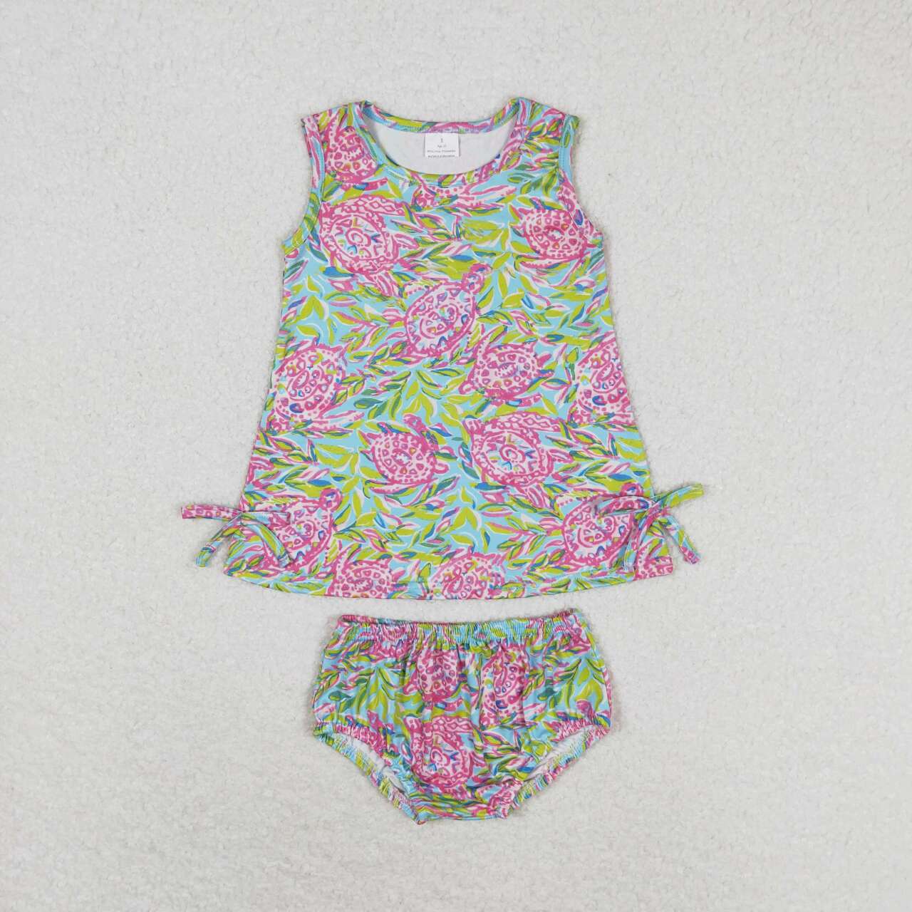 GBO0352 hot pink tortoise green leaf blue sleeveless girls bummies set bright color