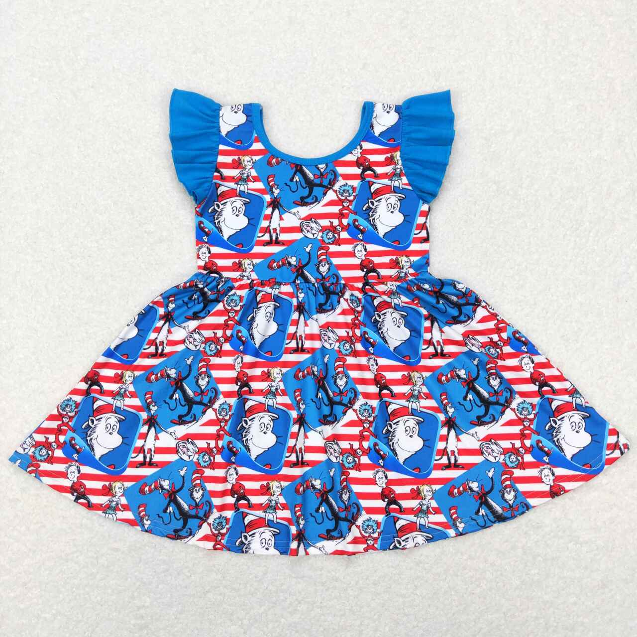 GSD0567 Cartoon Dr red striped blue flutter sleeve girls dress