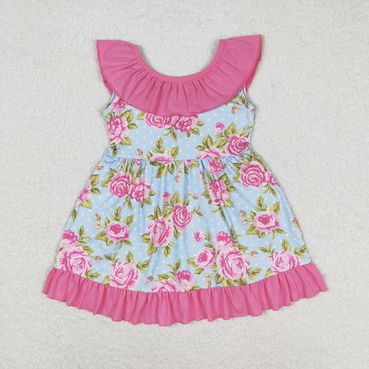 GSD0738 Hot Pink Flowers Ruffles Blue Sleeveless Girls Dress