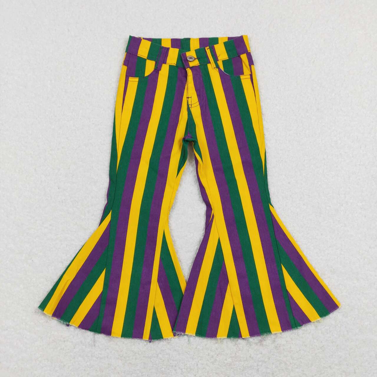 P0327 Mardi gras yellow green purple striped denim pants