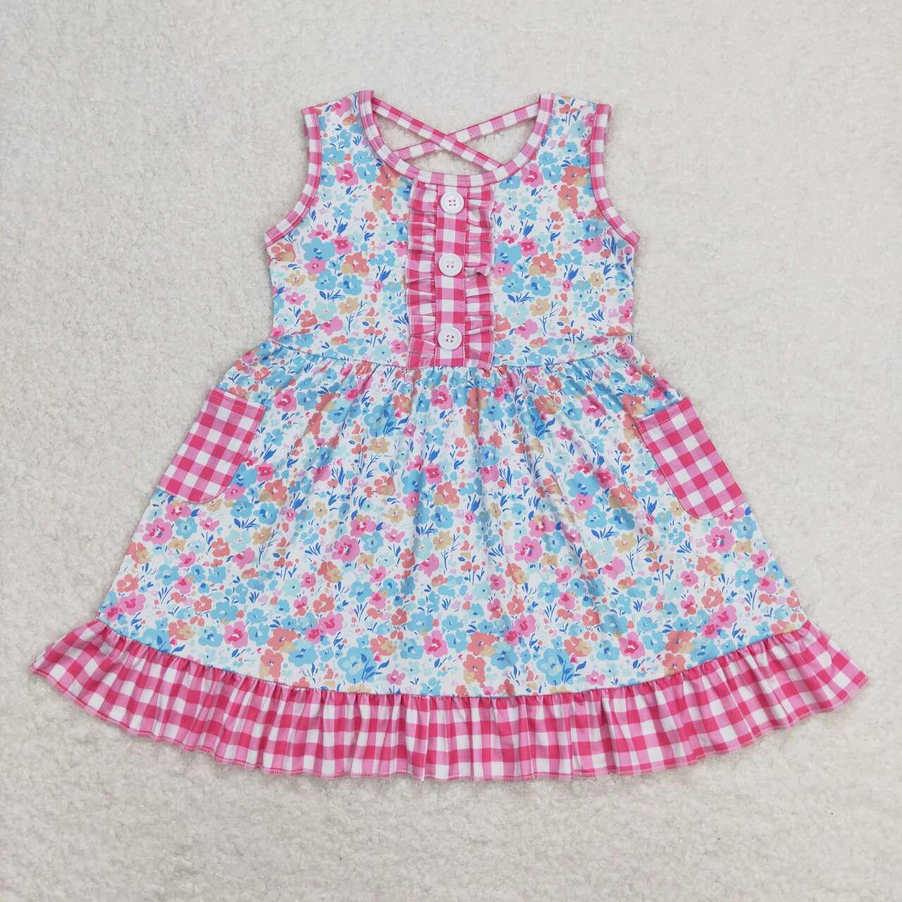GSD0950 colorful flowers hot pink pockets sleeveless girls dress