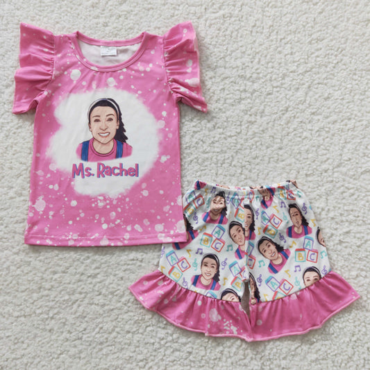 GSSO0265 Pink Teacher Flutter Sleeve Cartoon Girls Summer Set