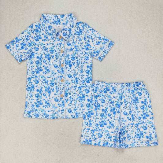 GSSO1148 blue flowers floral short sleeve shorts adult pajamas