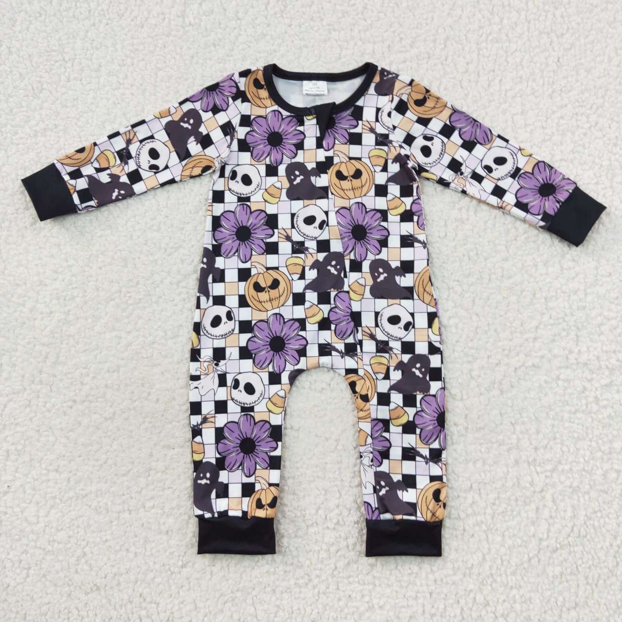 LR0445 Halloween Skull Pumpkin Purple Long Sleeves Kids Romper