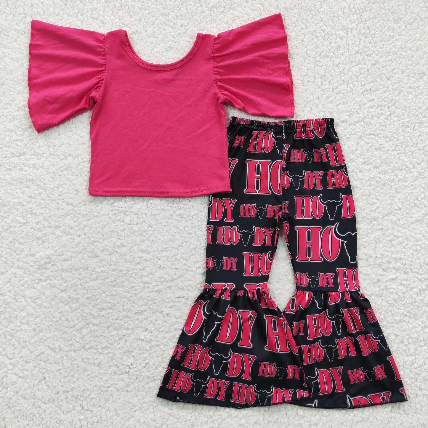 GSPO0610 Hot Pink Bubble Sleeve Howdy Black Bell Pant Girl Set