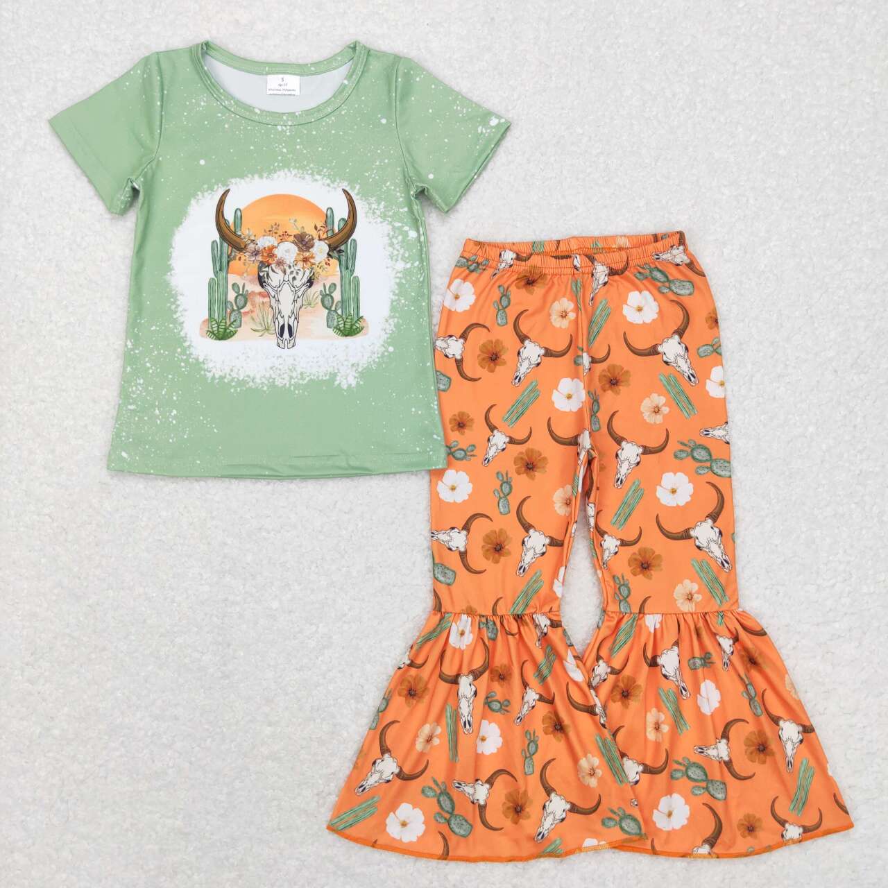 GSPO0990 Western cow cactus green short sleeve orange pants girls set