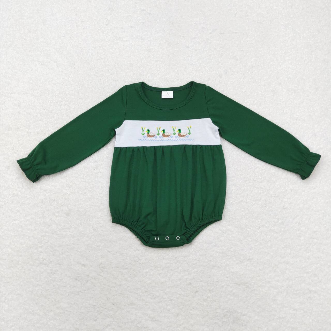 LR1466 embroidery mallard duck green long sleeve girls romper