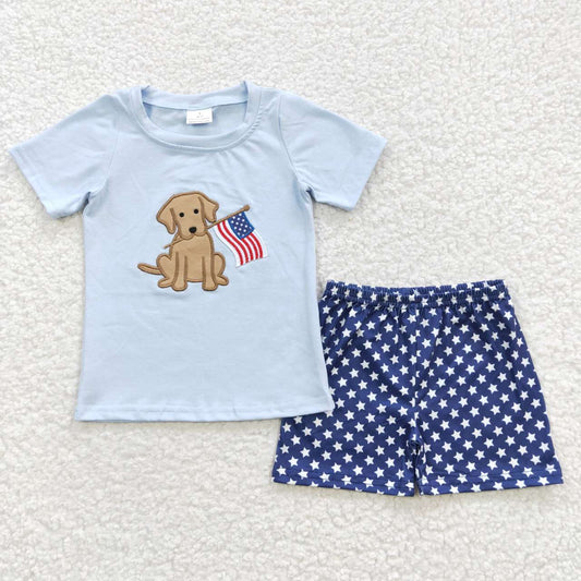 BSSO0227 4th Of July Dog Blue Embroidery Summer Boys Set