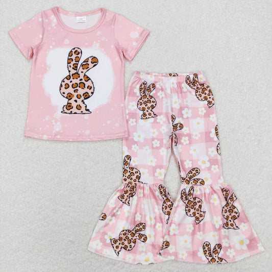 GSPO1181 Easter Leopard Rabbit Pink Short Sleeve Checkered Flowers Pants Girls Set