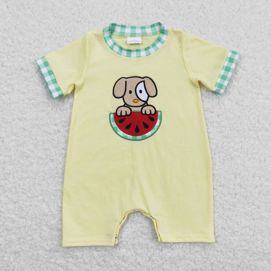 SR0788 embroidery Watermelon Dog Yellow Short Sleeve Boys Romper