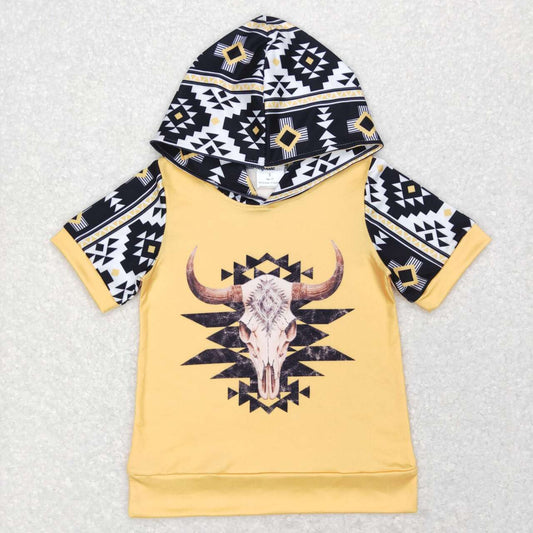 BT0458 Western Aztec cow yellow short sleeve hoodie boys pullover