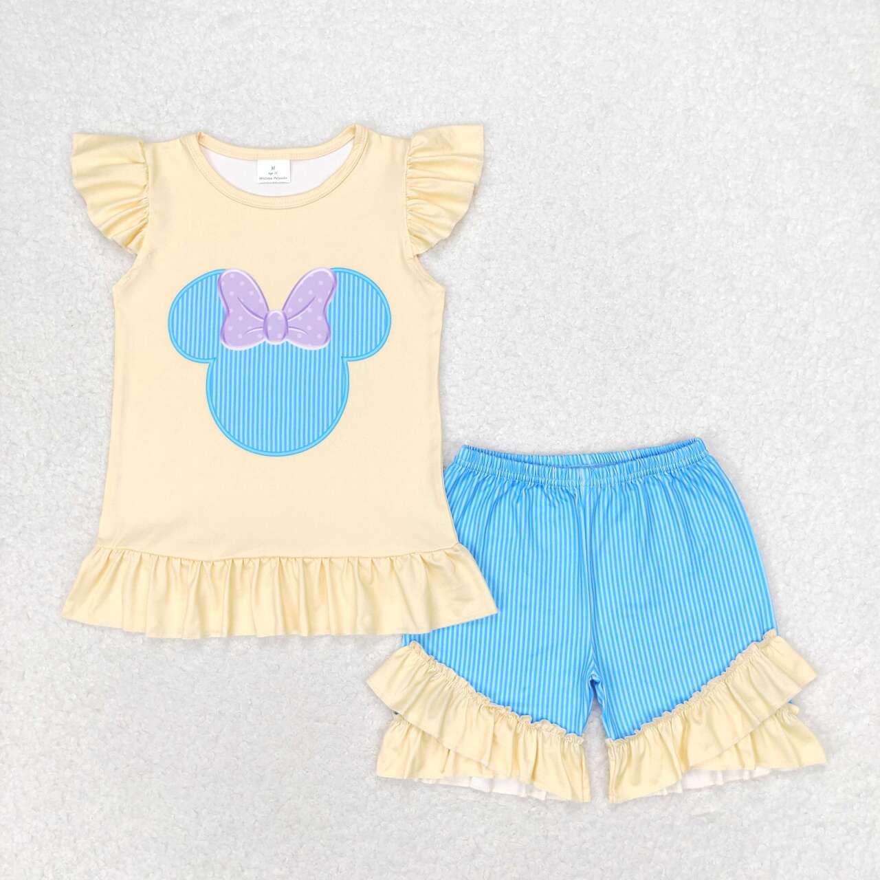 GSSO1159 cartoon M mouse yellow flutter sleeve blue striped shorts girls set