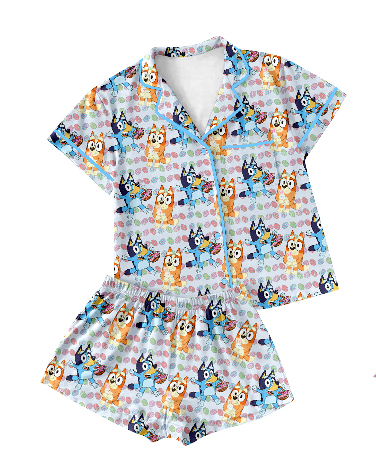 Custom Moq 3 Easter Blue Dog Egg Printing Mama and Me Pajamas Sibling Clothes