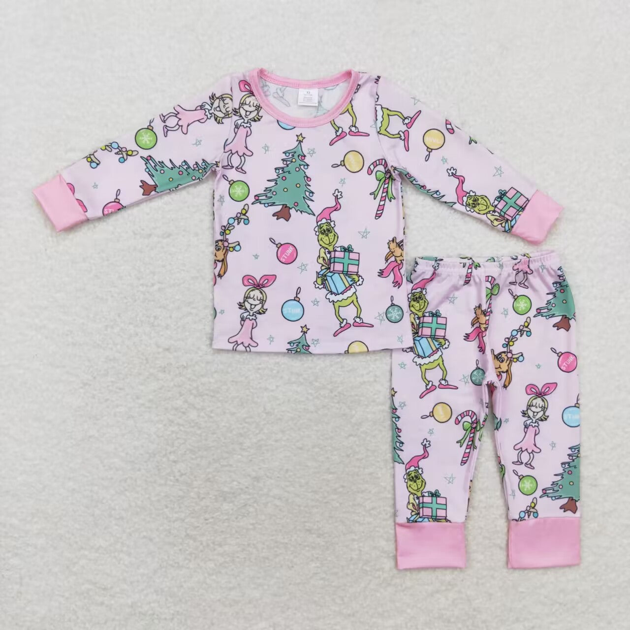 GLP1220 bamboo Christmas green face cartoon girl pink long sleeve pants girls pajams