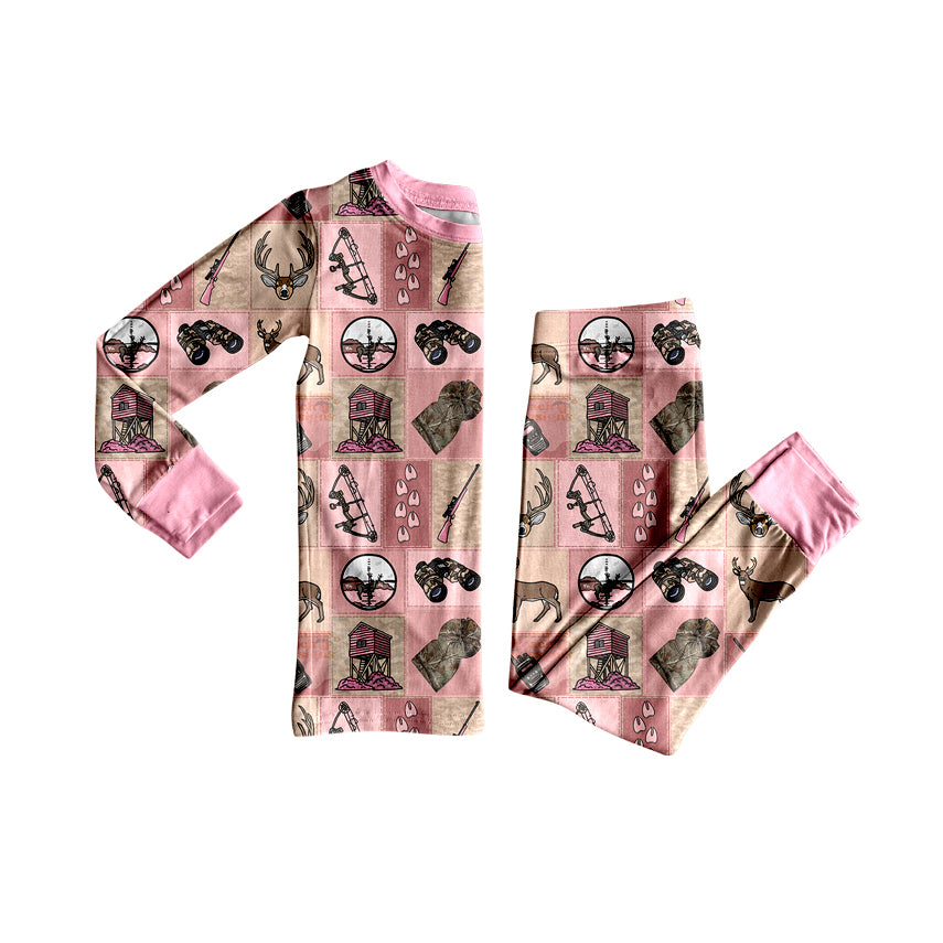 Custom moq 20 bamboo hunting deer target pink long sleeve pants girls pajamas