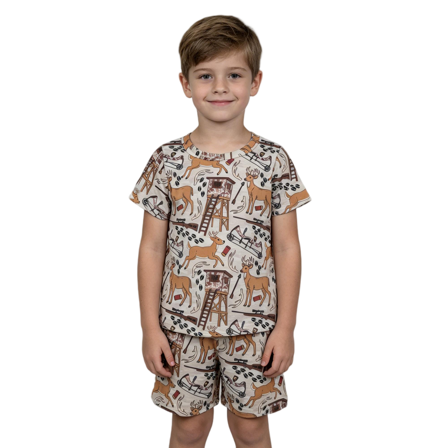 BSSO1559 hunting deer camo short sleeve shorts boys set