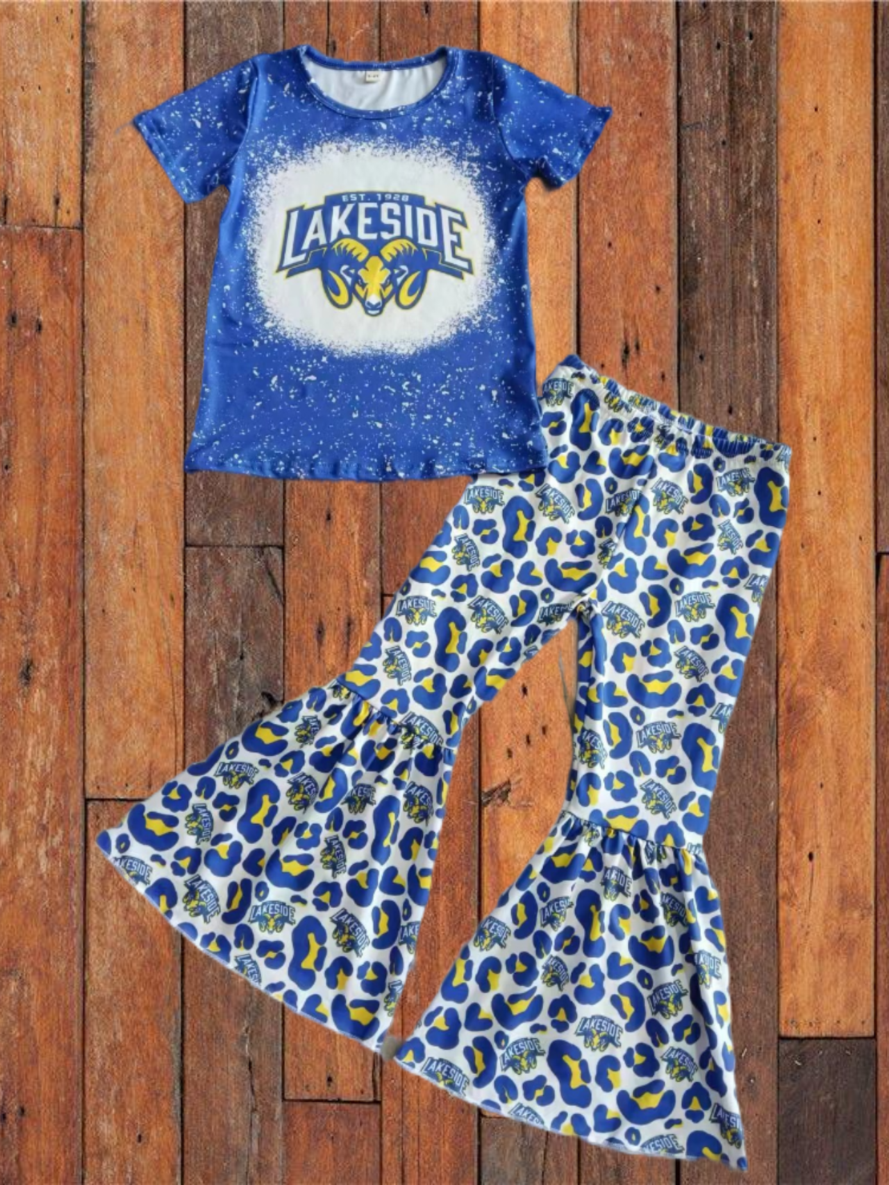 custom moq 3 Football LAKE SIDE Blue Short Sleeve Blue Leopard Pants Girls Set