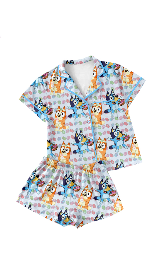 Custom Moq 3 Easter Blue Dog Egg Printing Mama and Me Pajamas Sibling Clothes