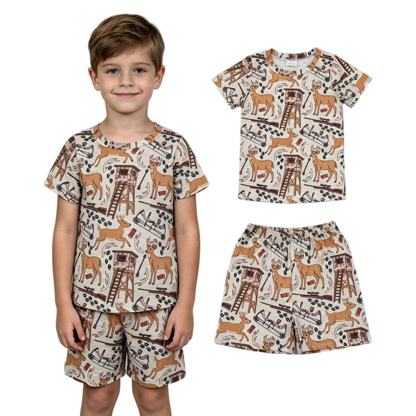 BSSO1559 hunting deer camo short sleeve shorts boys set