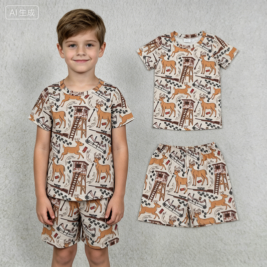 BSSO1559 hunting deer camo short sleeve shorts boys set