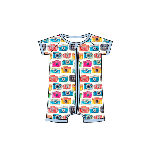 custom style camera colorful short sleeve zipper girls romper