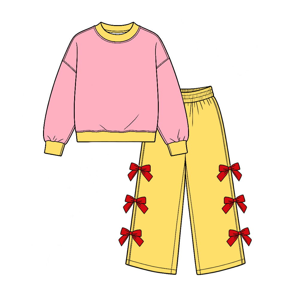 preorder GLP4035 Cotton Pink Long Sleeve Bows Yellow Pants Girls Set