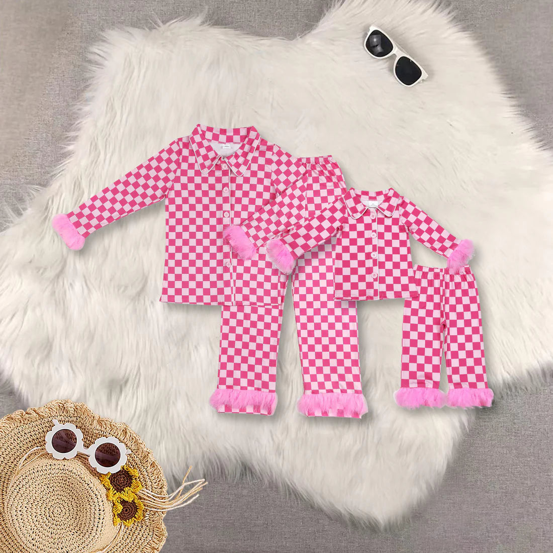 hot pink checkered fur pajamas mama and me RTS sibling clothes
