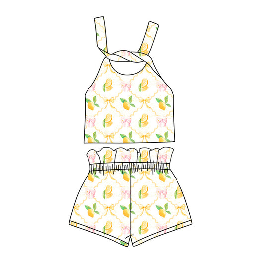 custom (moq 5)Baby Girls Lemon Bows Straps Top Shorts Clothes Sets