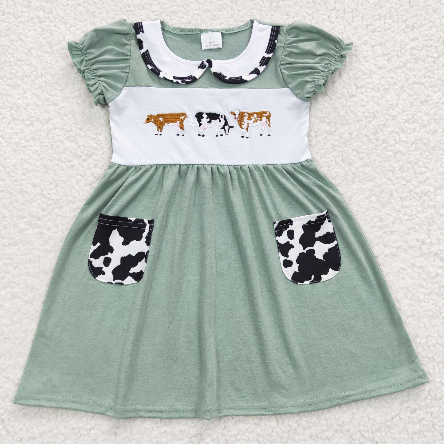 GSD0374 Farm Cow Green Short Sleeves Pocket Summer Dress