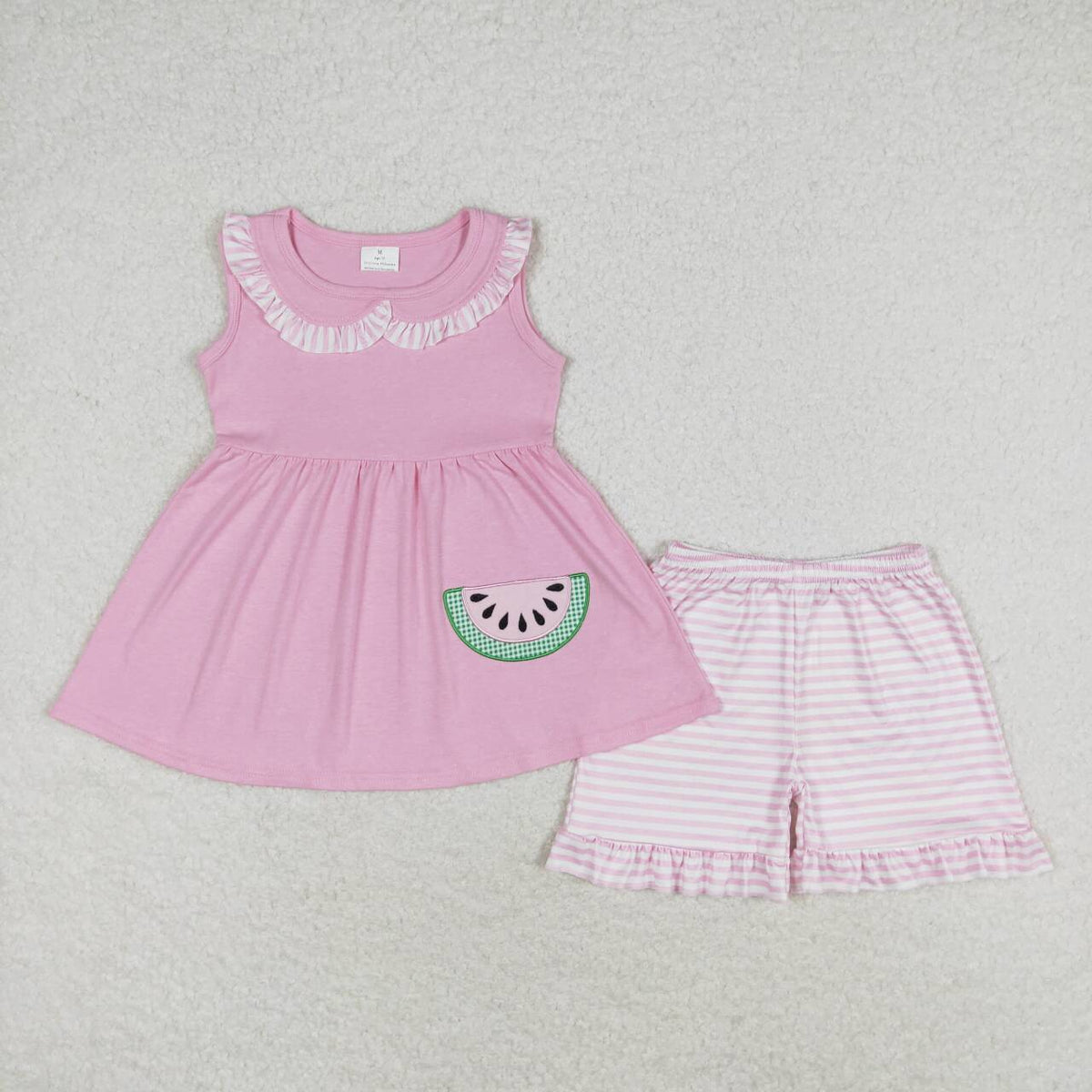 GSSO1055 embroidery watermelon pink sleeveless pink striped shorts girls set