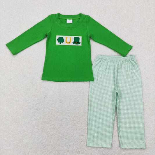 BLP0376 Green hat horse shoe sleeve plaid pants boys set