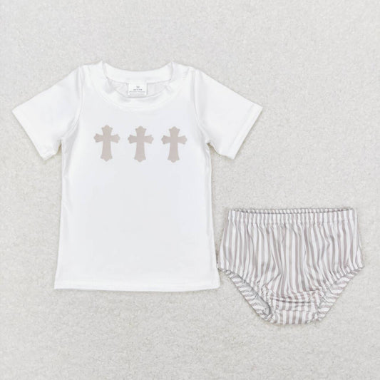 GBO0211 Easter cross short sleeve khaki striped bummies set
