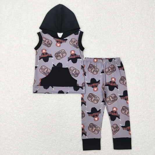 BSPO0069 Western highland cow hat pocket sleeveless hoodie pants boys set