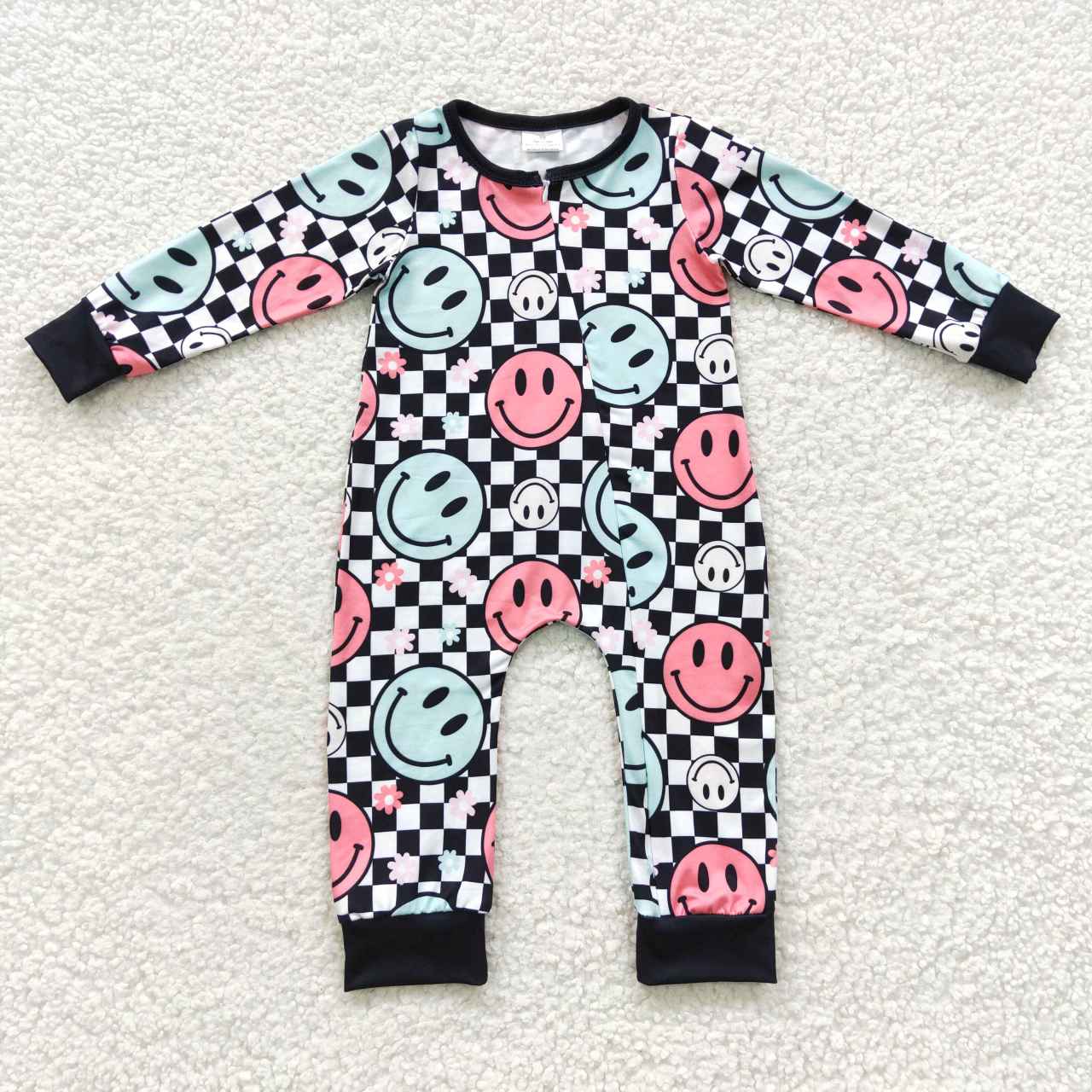 LR0304 Blue Pink Smile Black Cell Kids Long Sleeve Romper